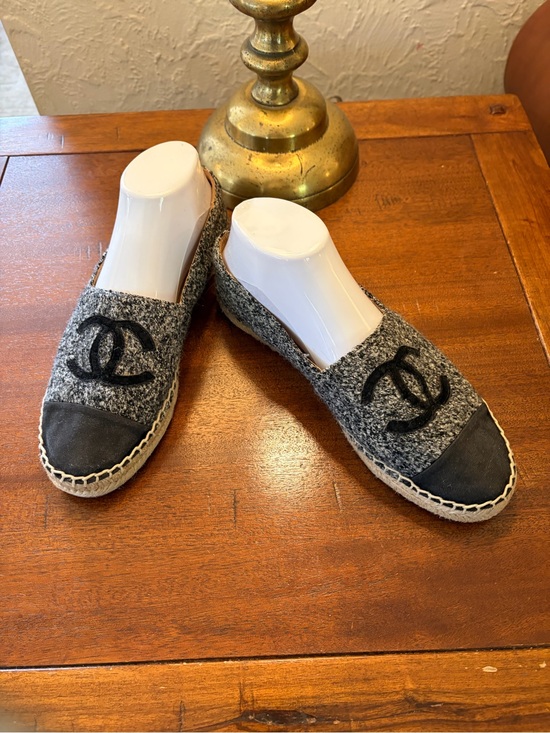 CHANEL Shoes - CHANEL Gray Bouclé Espadrilles with Black CC Trim